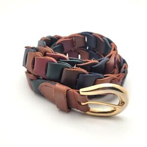 Vintage Leather Belt Multicolor Woven Boho Indie Western Small 34" Brass Tone